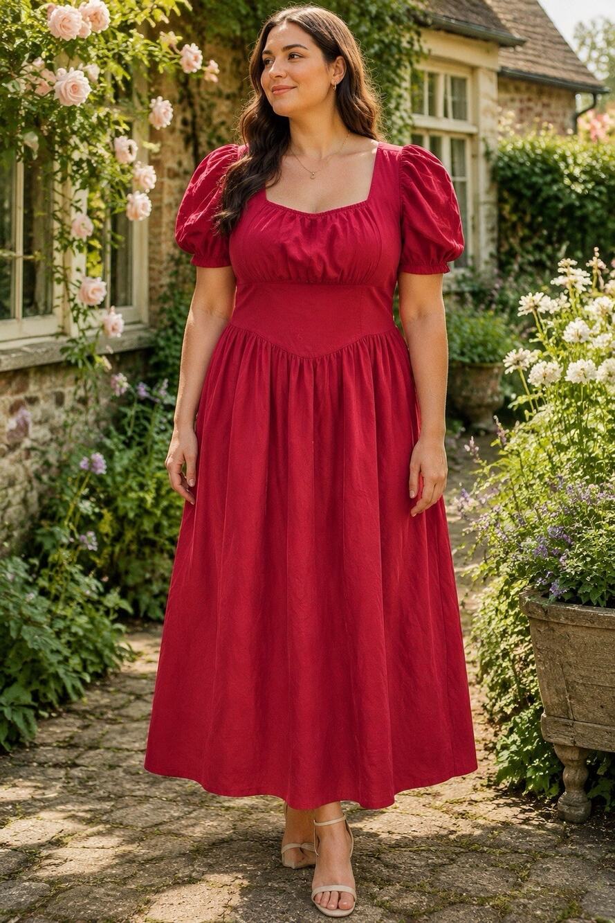 GAP XL Tall Red Maxi Dress Puff Sleeve Square Neck Cottagecore Line N Rayon